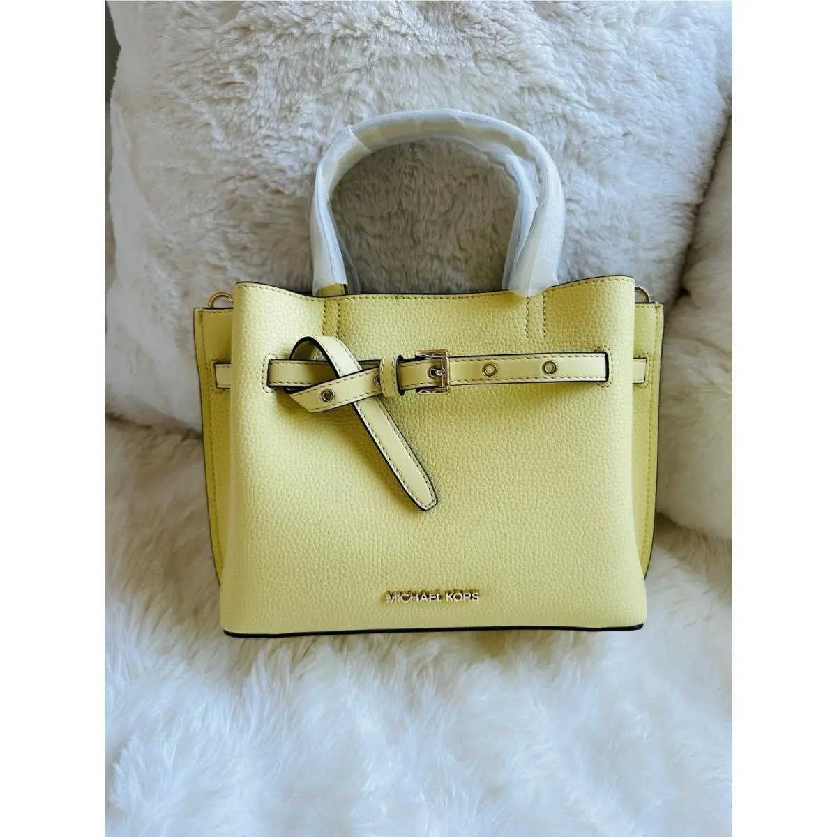 Michael Kors Emilia Small Pebbled Leather Satchel Purse Bag Buttercup Yellow