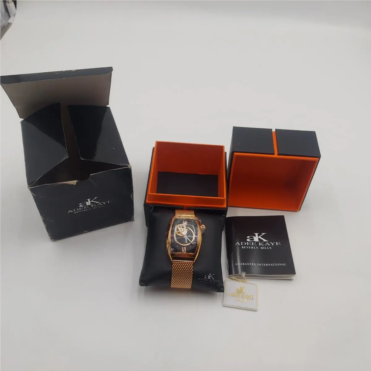 Mens Black Back Dial Rose Gold Tone Stainless Steel Bracelet Watch by Adee Kaye