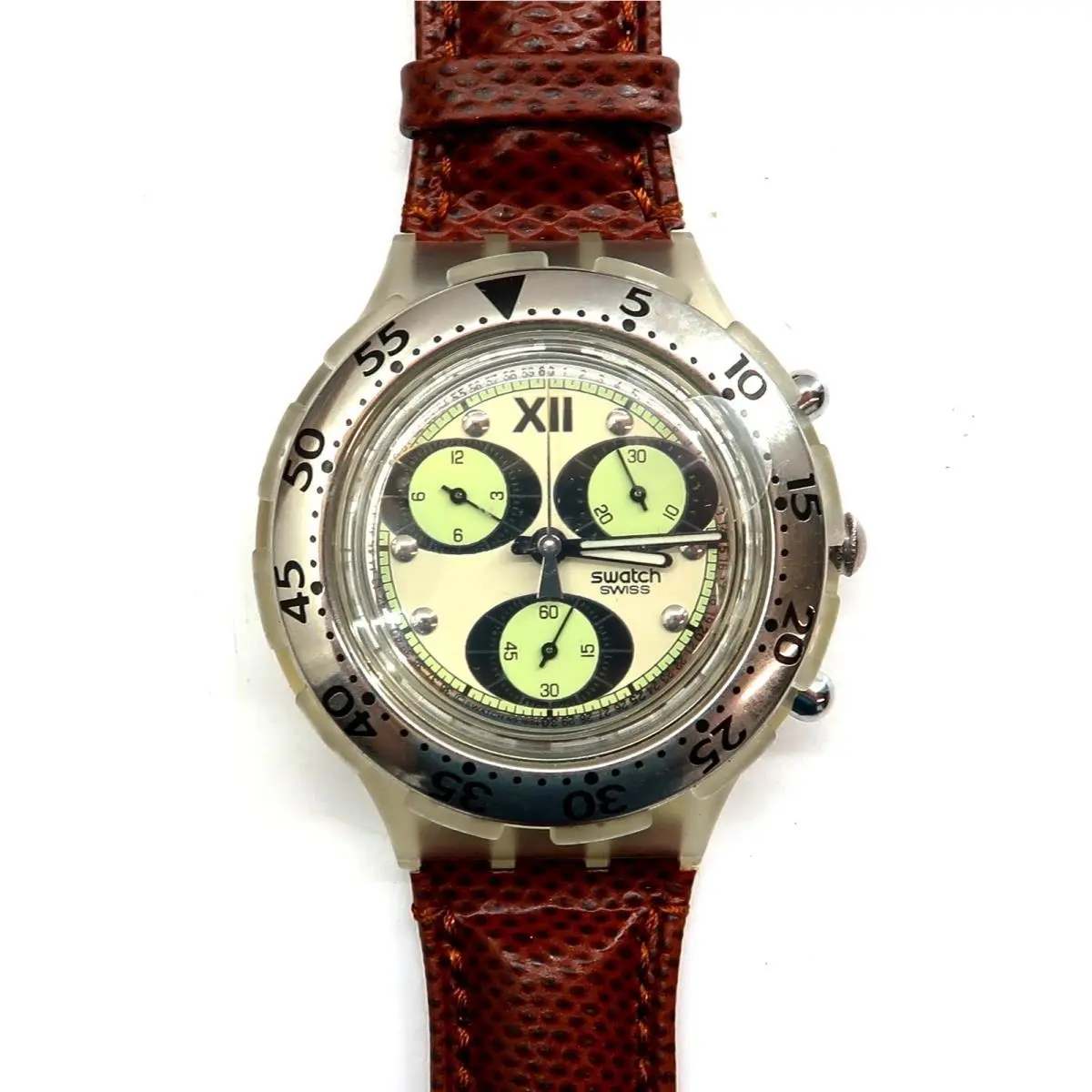 Swatch Aquachrono Watch Red Sun SEK105 w/ Case Papers 1995 Mid Size