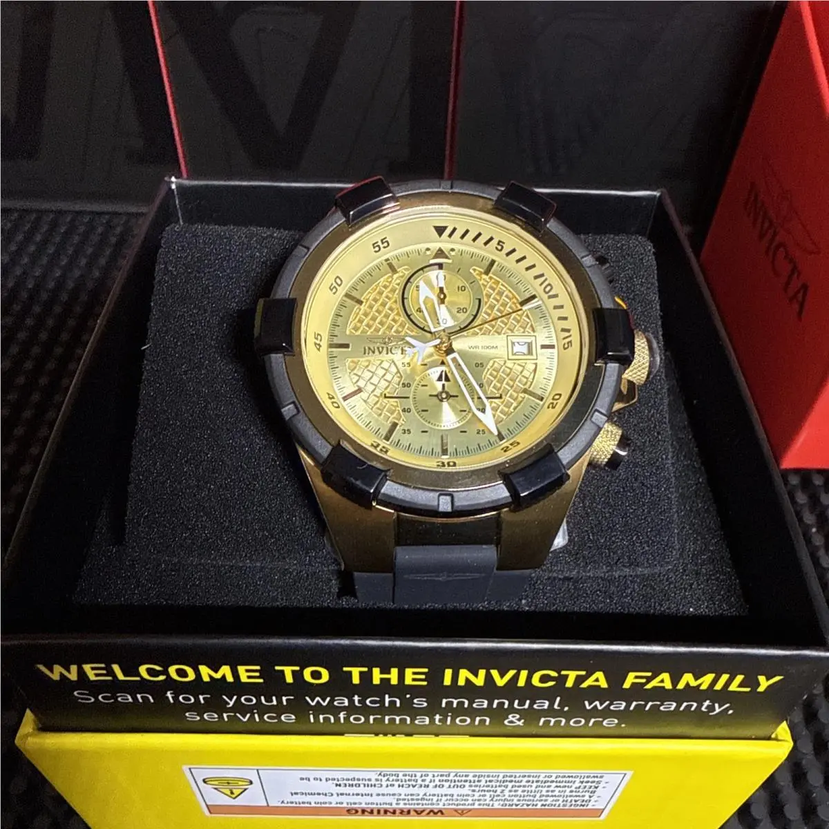 Invicta Men`s Watch Aviator Jetframe Chrono Gold Dial Black Silicone Strap 50121