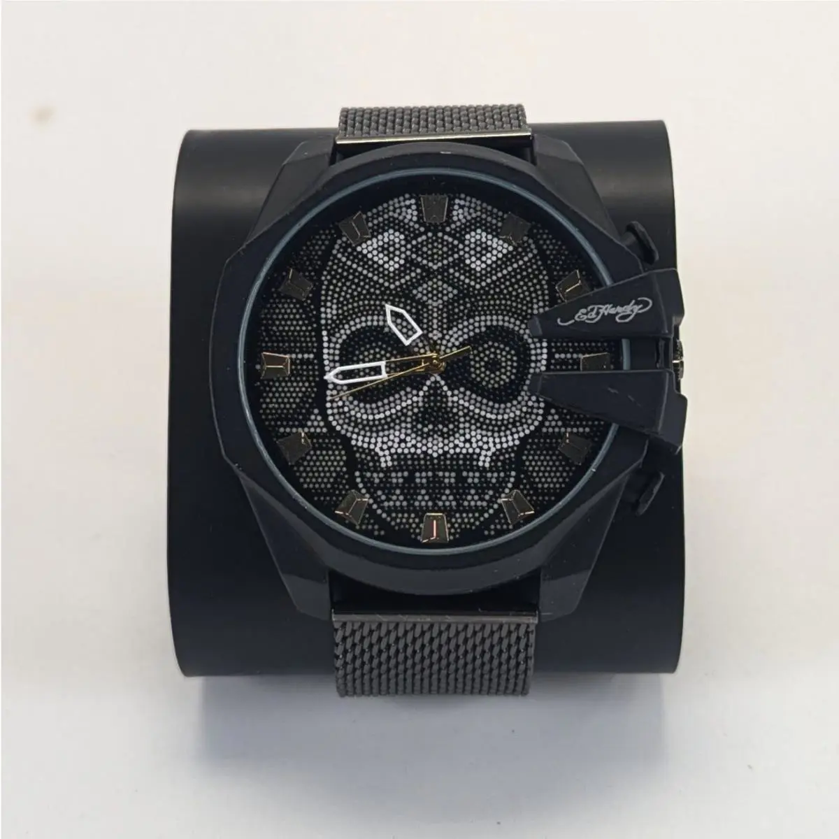 Black Skull Design Mens Watch Tattoo-inspired Box Mesh Strap by Ed Hardy