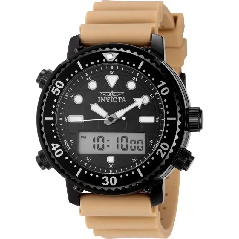 Men`s 46mm Pro Diver Digital Quartz Chronograph Black/tan 50m Watch by Invicta