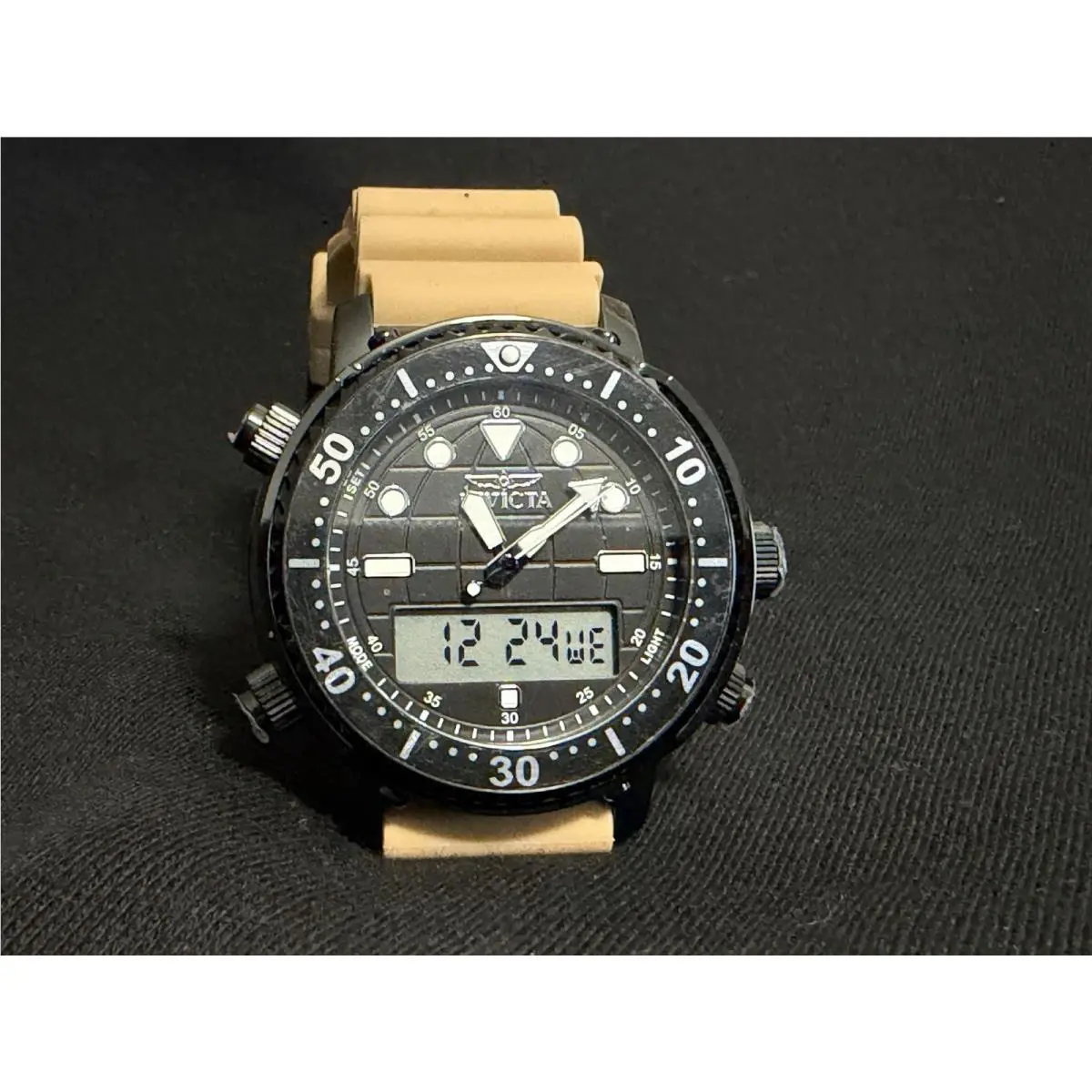 Invicta Pro Diver Digiquartz Mens Watch 46.5mm Blk Case/brown Silicone Strap