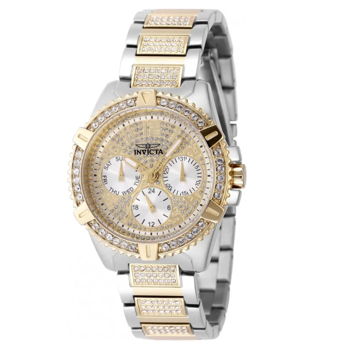 Invicta Celestial Luxe Women`s 45mm 162 Pave Crystal Dial Quartz Watch 48565 - Dial: Gold, Multicolor, Silver, White, Band: Gold, Silver, White, Yellow, Bezel: Gold, Silver, White, Yellow