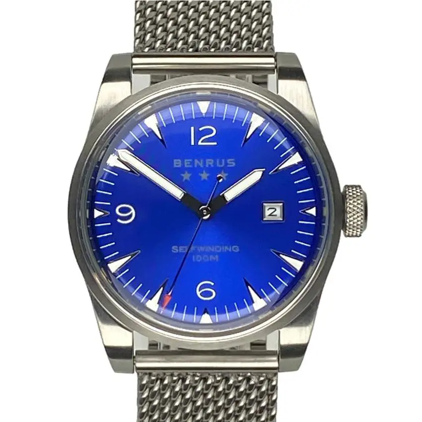 Benrus Classic C3-SA-BL-SM Limited to 100 Blue Sunburst Dial 41MM Men Automatic - Dial: Blue, Band: Silver, Bezel: Silver