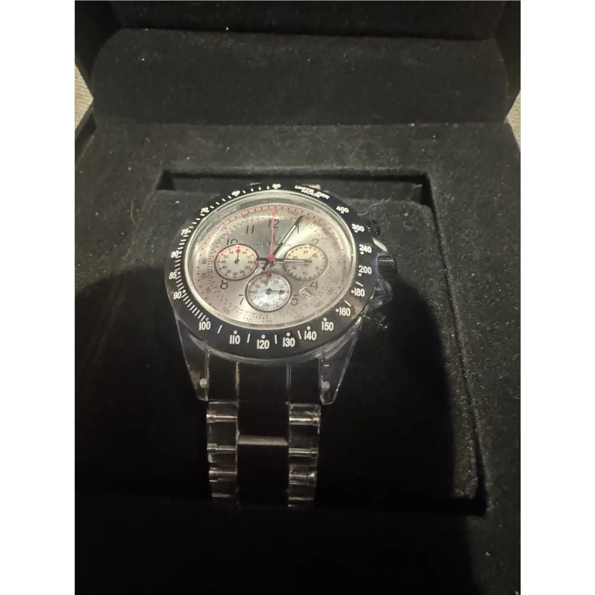 Toywatch Chronograph Clear Case Metal Bracelet Quartz Watch
