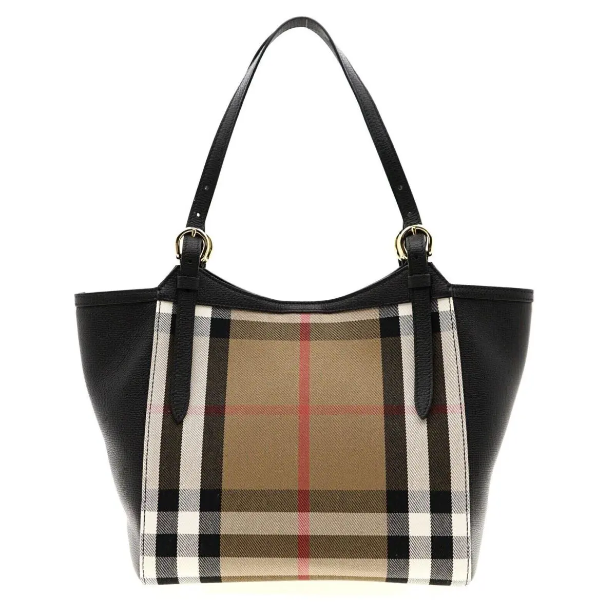 Burberry Canterbury Shoulder Bag House Check Canvas Black Leather Tote