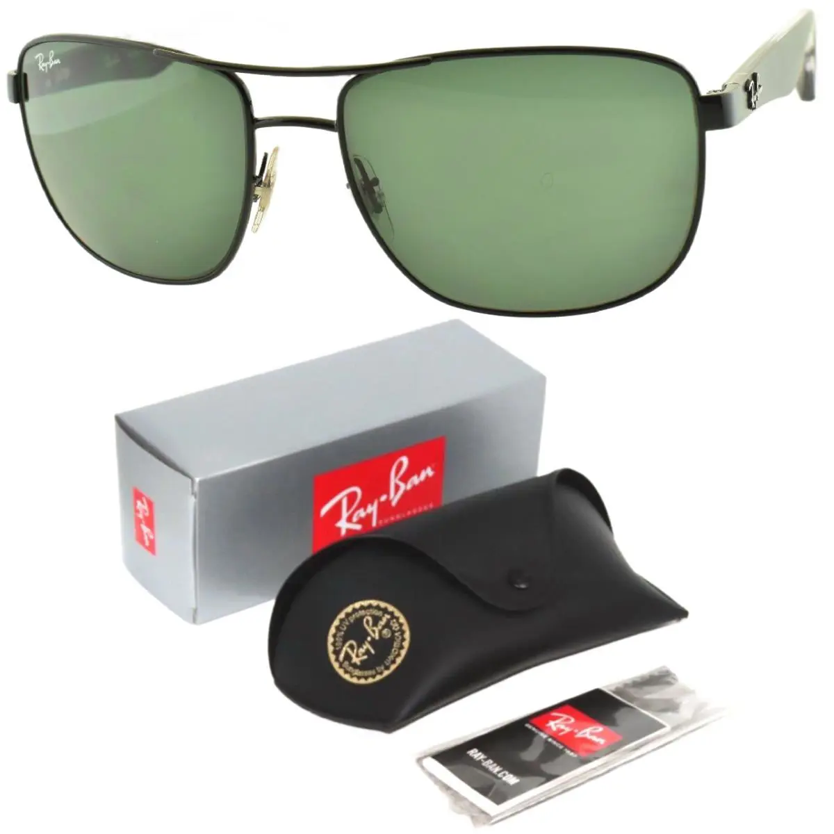 Ray Ban RB 3533 002/71 3N 57-17-140 Black Pilot Full Rim Mens Sunglasses - Frame: Black, Lens: Green
