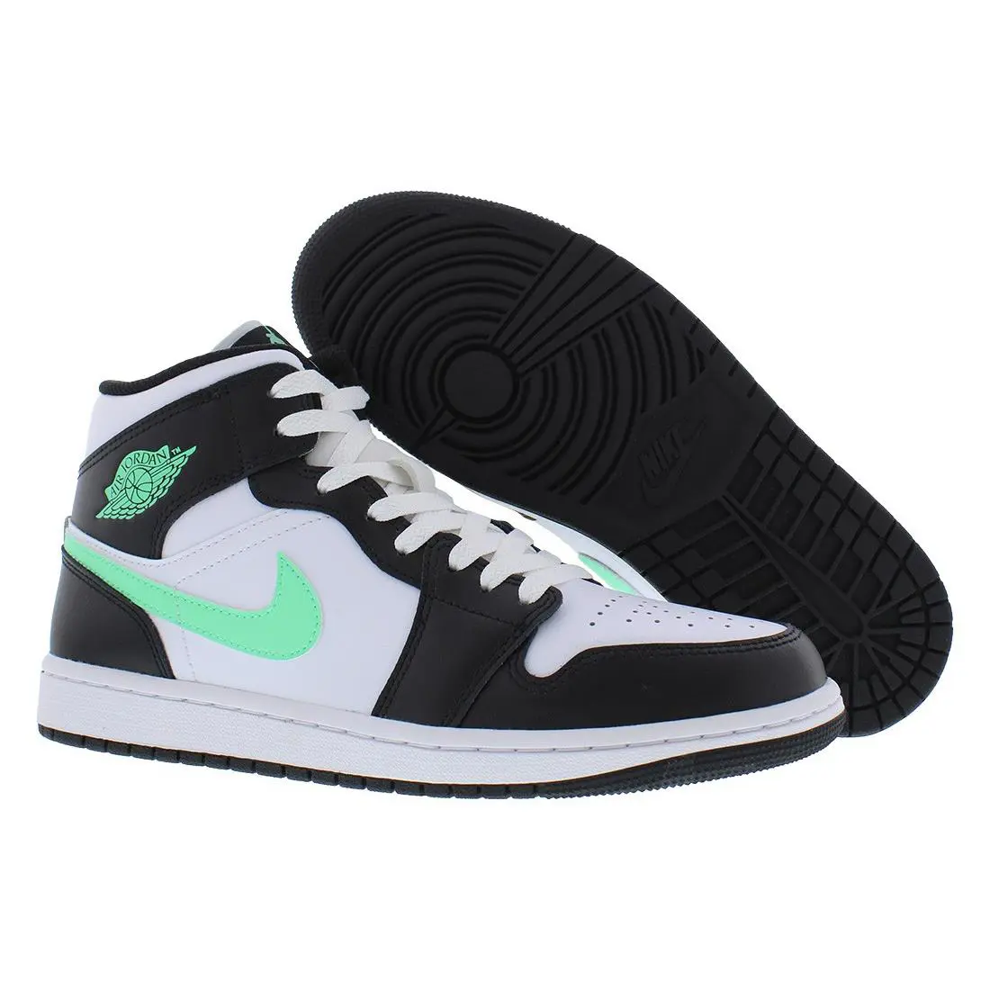 Nike Air Jordan 1 Mid Leather Mens Shoes - White/Green Glow/Black, Main: Black