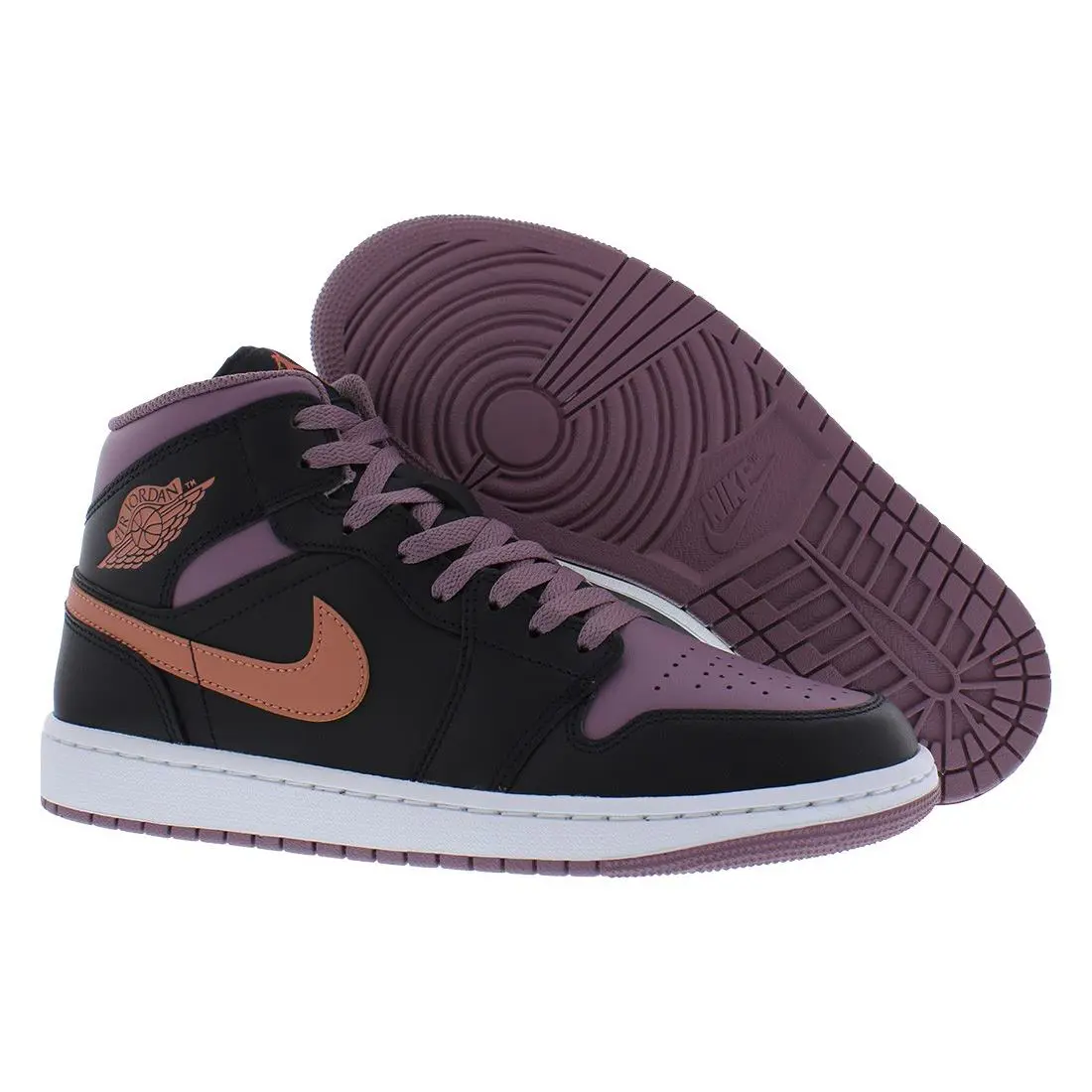 Nike Air Jordan 1 Mid SE Leather Mens Shoes - Black/Sky J Orange/Sky J Mauve, Main: Black