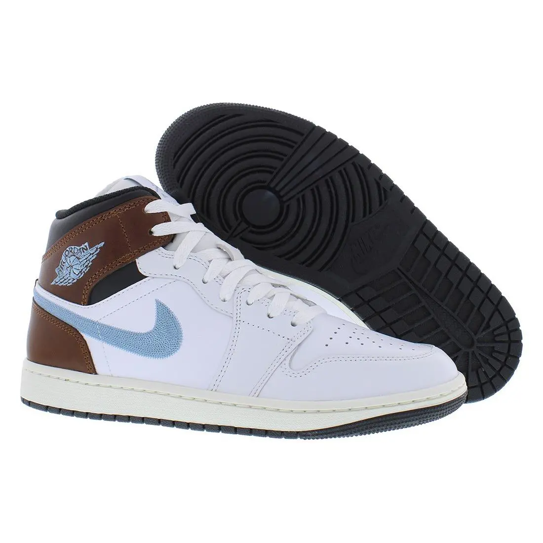 Nike Air Jordan 1 Mid SE Leather Mens Shoes - White/Blue Grey/Black/Sail, Main: White