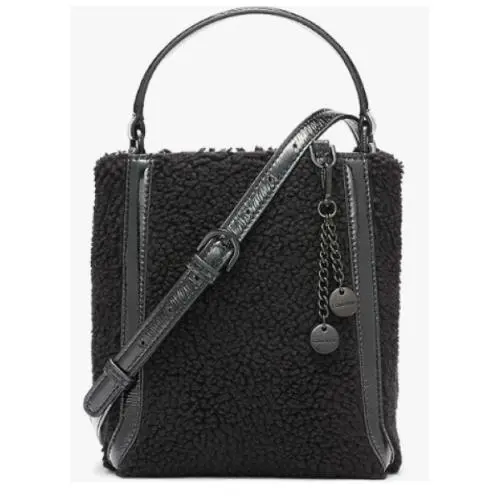 Calvin Klein Bucket Tote Crossbody Black Patent Sherpa 3-Compartment 2-Strap