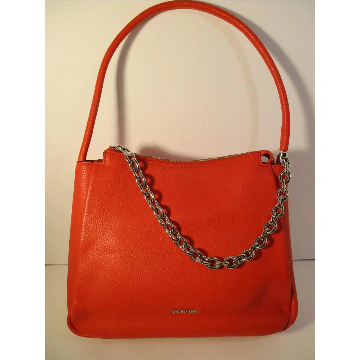 Calvin Klein Shoulder-bag Red Pebble Leather Silver Chain Zipper-pull Hayden