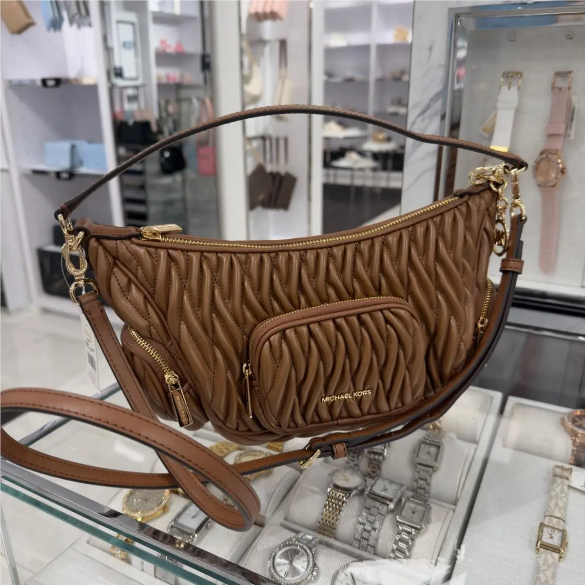 Michael Kors Merritt Matelassé Convertible Shoulder Crossbody Bag Brown Luggage
