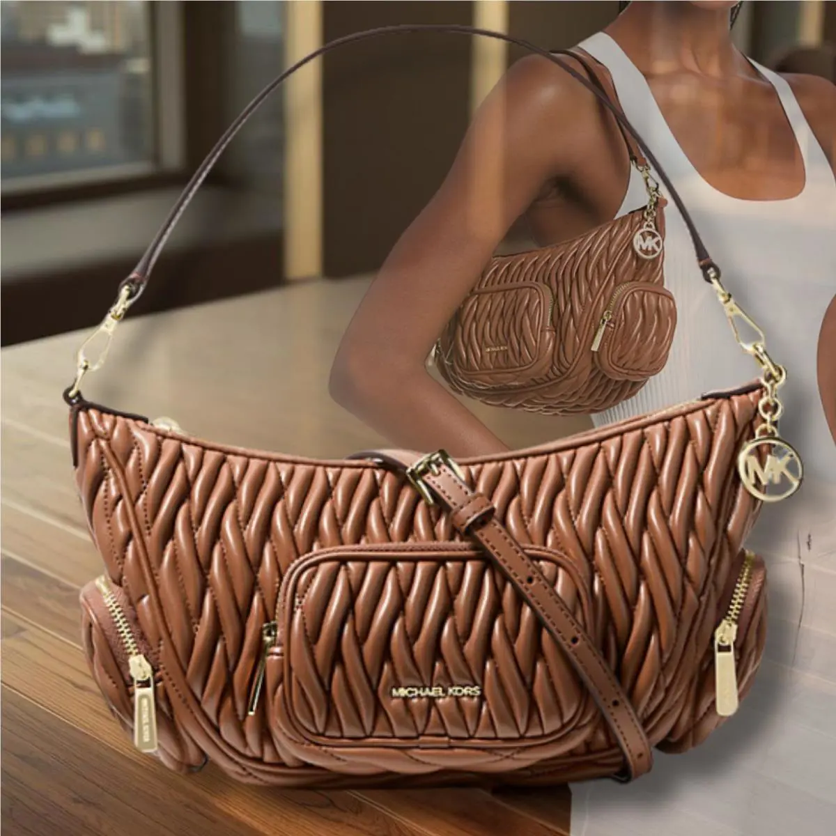 Michael Kors Merritt Small Convertible Crossbody Bag Handbag Purse Luggage Brown
