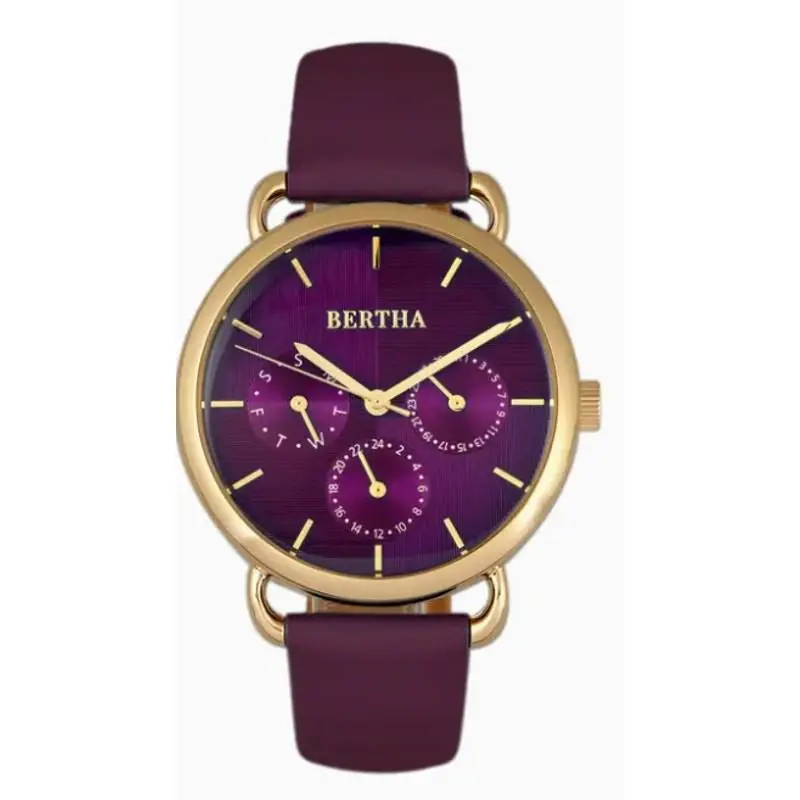 Bertha Gwen Purple Leather-band Watch with Day and Date with Coa