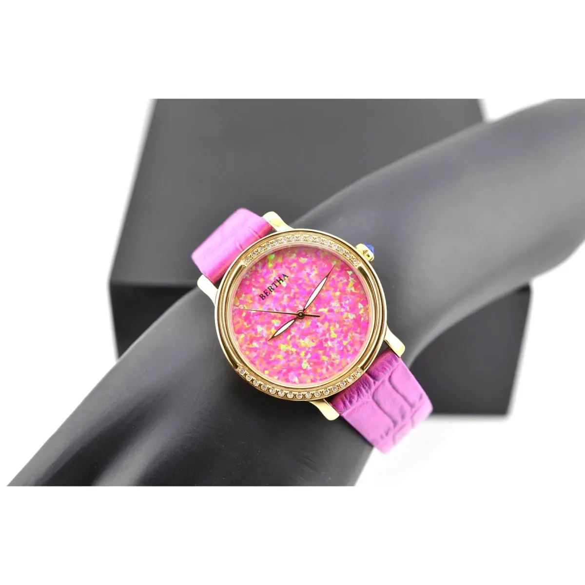 Bertha Courtney Opal-dial Leather-band Watch with Crystals Watch with Coa