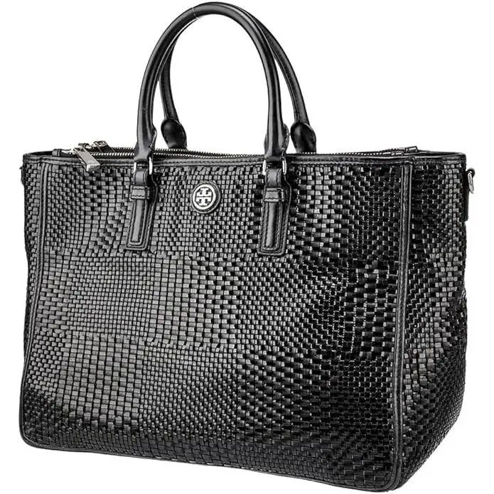 Tory Burch Robinson Black Tote Basketweave Saffiano Leather Large Handbag Bag NW