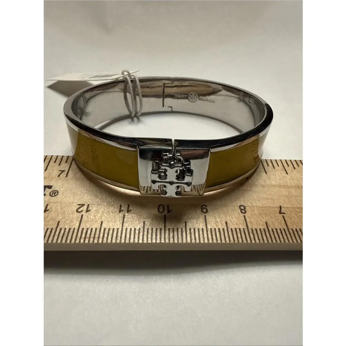 Tory Burch Hinged Bangle Bracelet Size Medium Yellow Inlay Logo