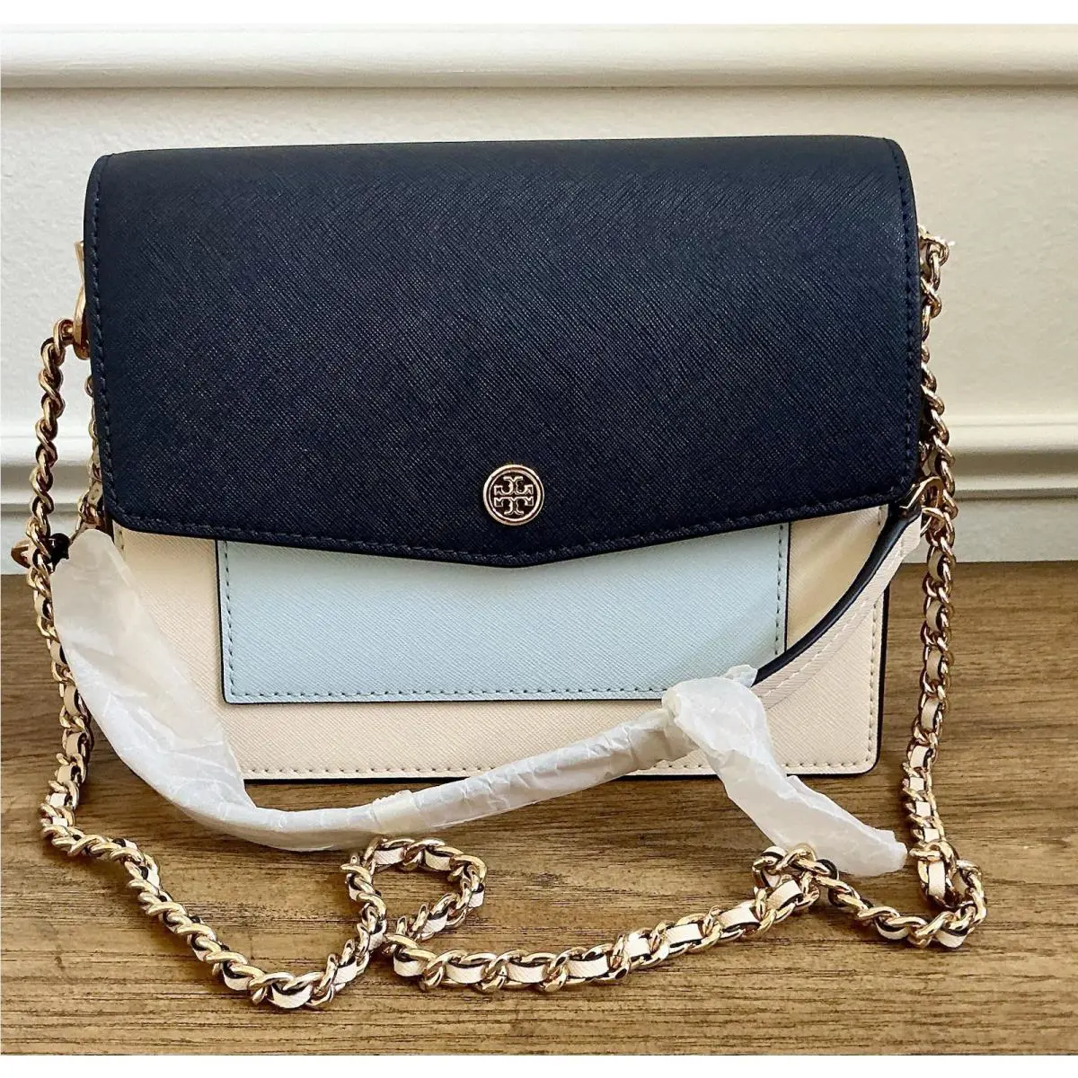 Tory Burch Robinson Convertible Shoulder Bag Navy Beige Brown Gold Logo