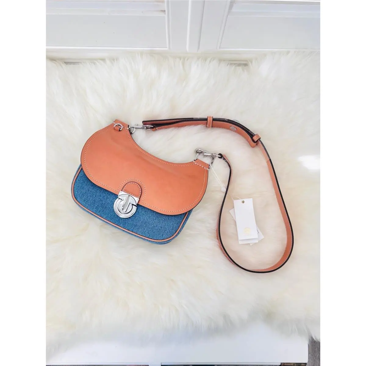 Tory Burch James Small Tan and Denim Saddle Crossbody Bag