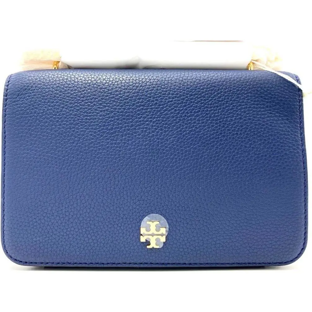 Tory Burch Womens Navy Blue Pebble Leather Carter Crossbody Bag Purse 7128-6 - Handle/Strap: Blue, Hardware: Gold, Exterior: White