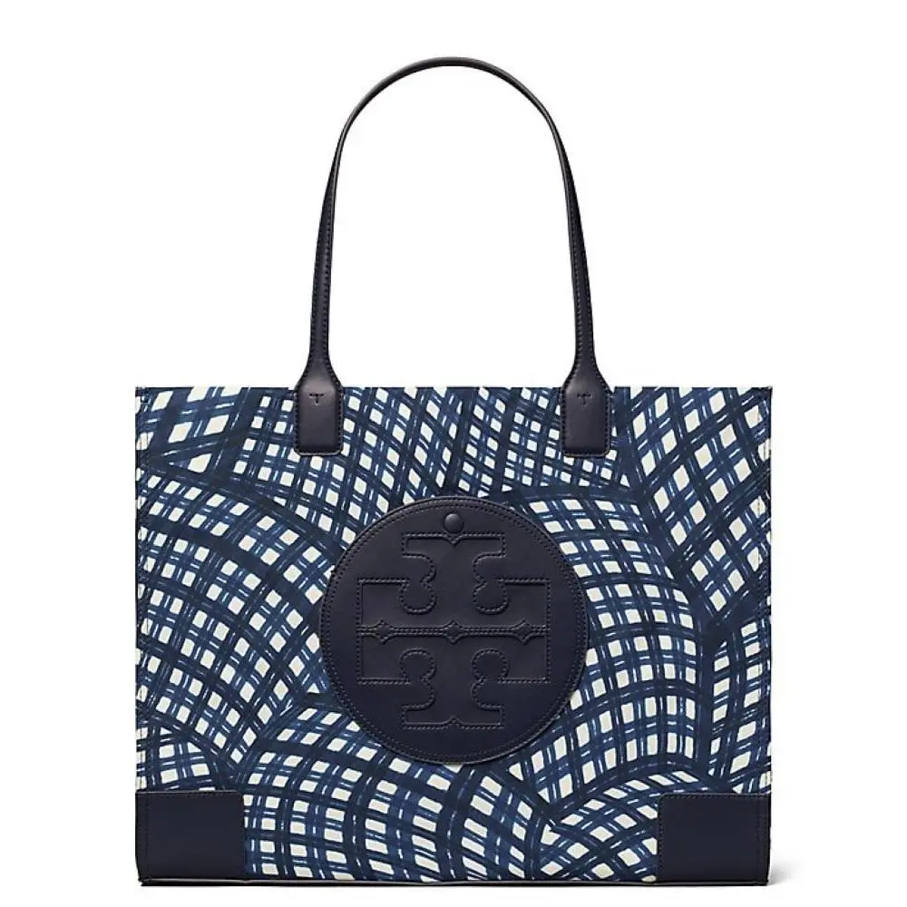 Tory Burch Ella Printed Tote Bag Handbag Navy Warped Gingham Nylon Leather