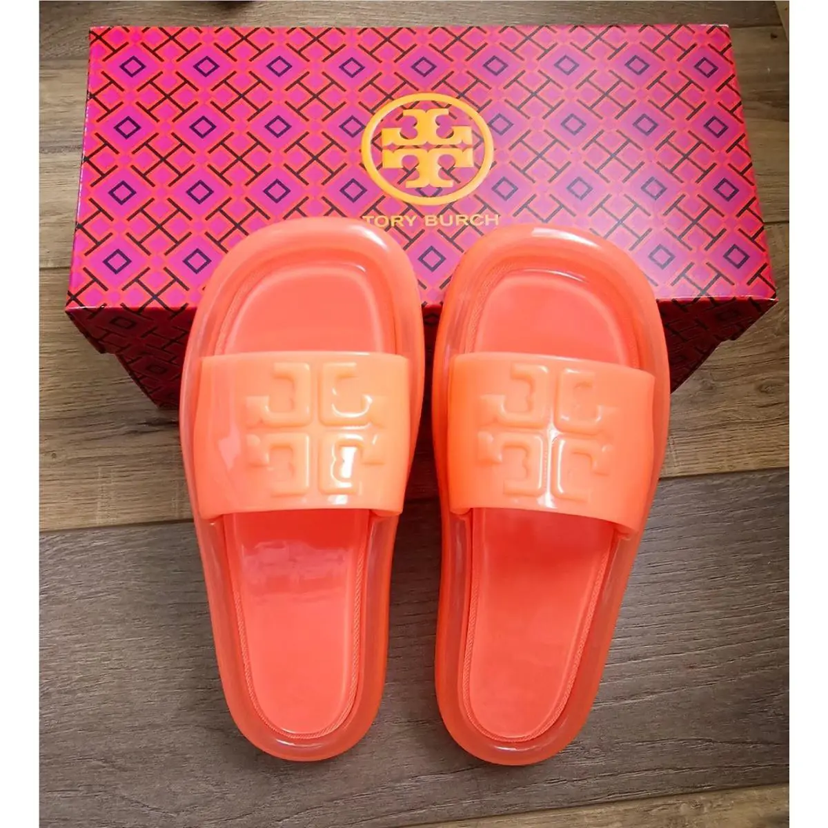 Tory Burch Bubble Jelly Slides Flourescent Orange 6 Soft Cushion Waterproof
