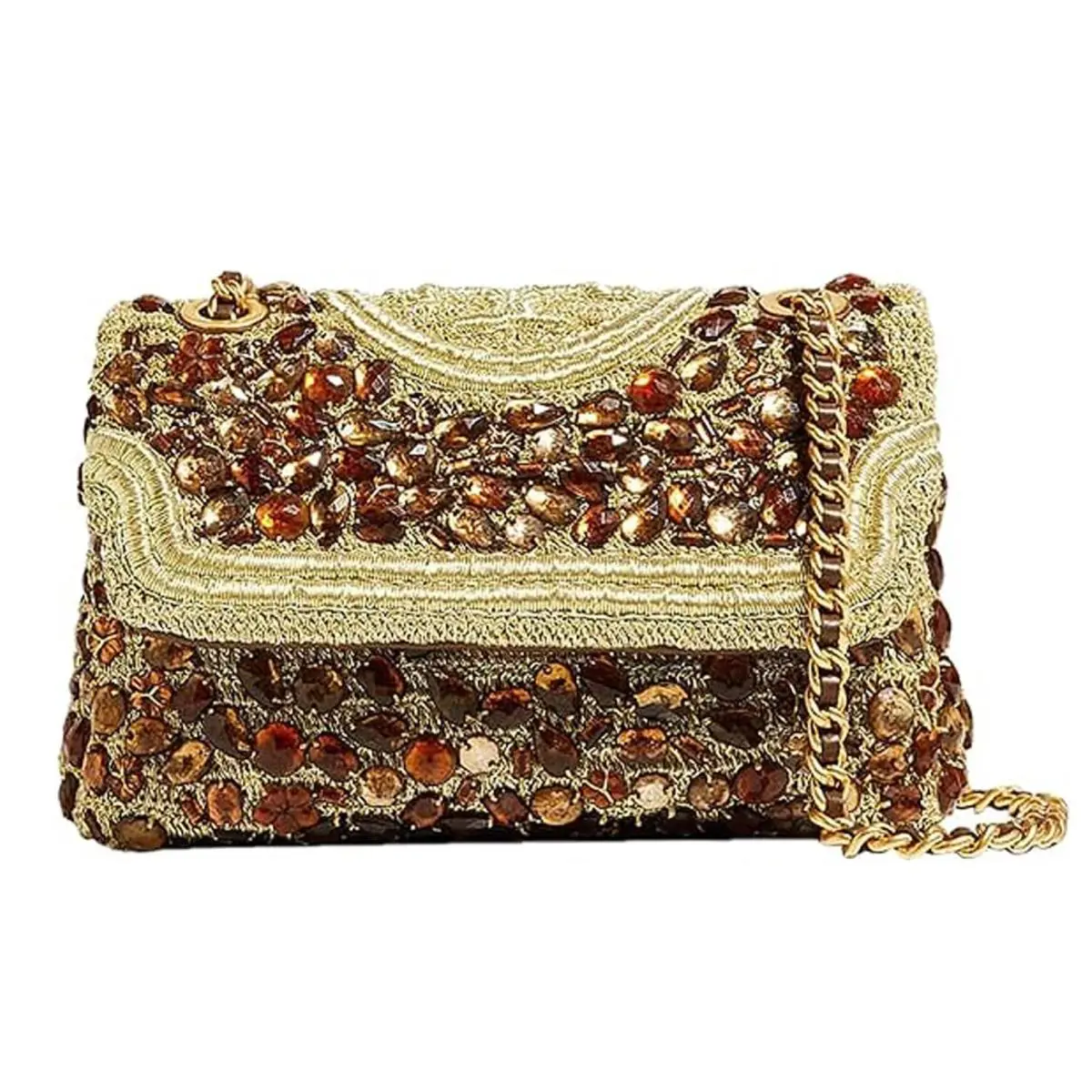 Tory Burch Soft Fleming Crochet Jeweled Bag Convertible Handbag Gold Purse
