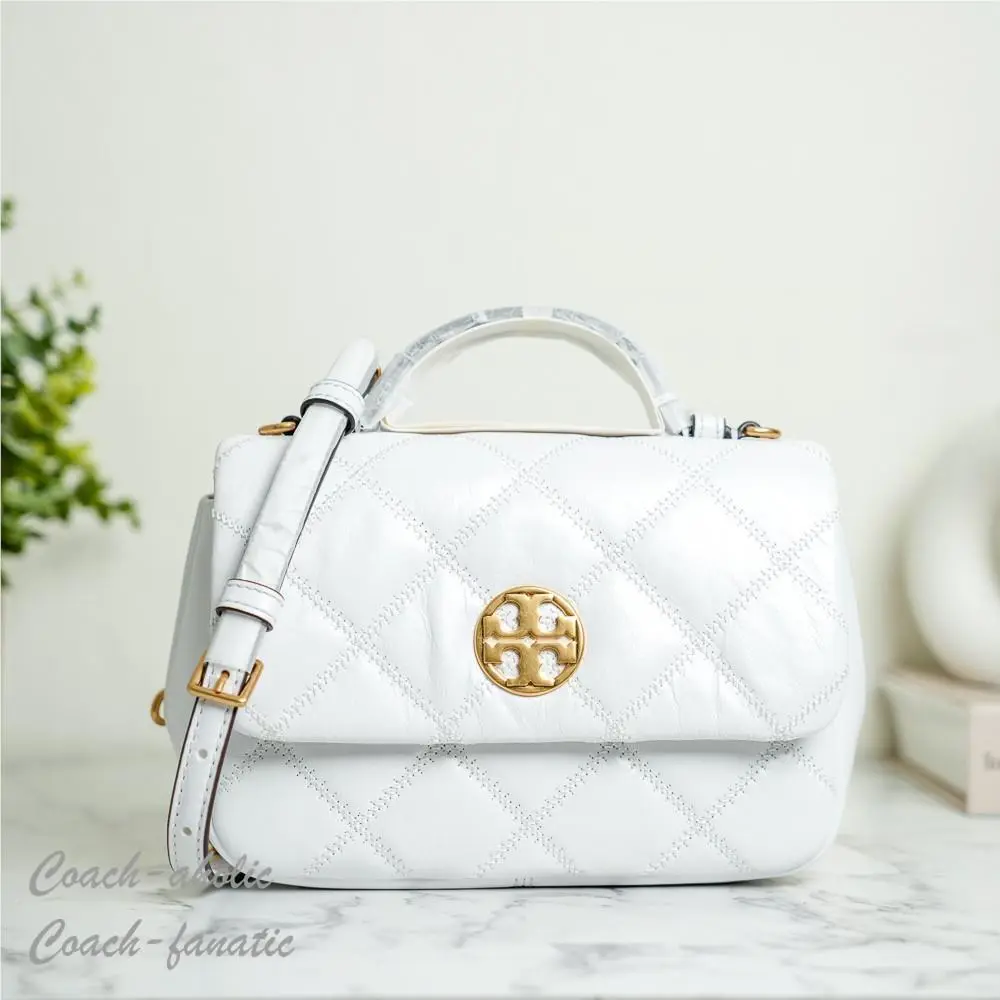 Tory Burch Willa Mini Top Handle Bag Crossbody in Shrunken Goat Leather Blanc