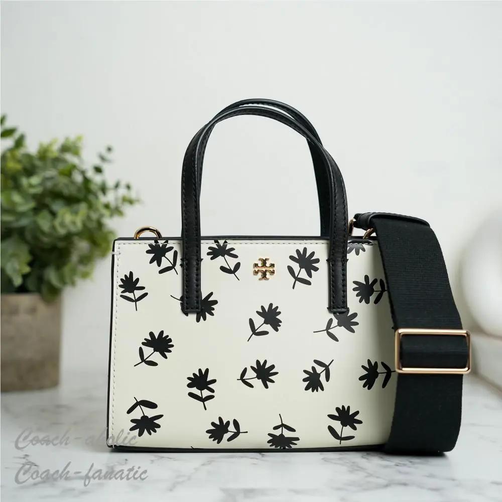 Tory Burch Blake Printed Mini Tote Leather Crossbody in Black Scatter Daisy