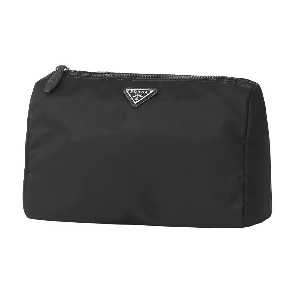 Prada Black Tessuto Nylon Cosmetic Case Clutch Pouch Triangle Logo Italy