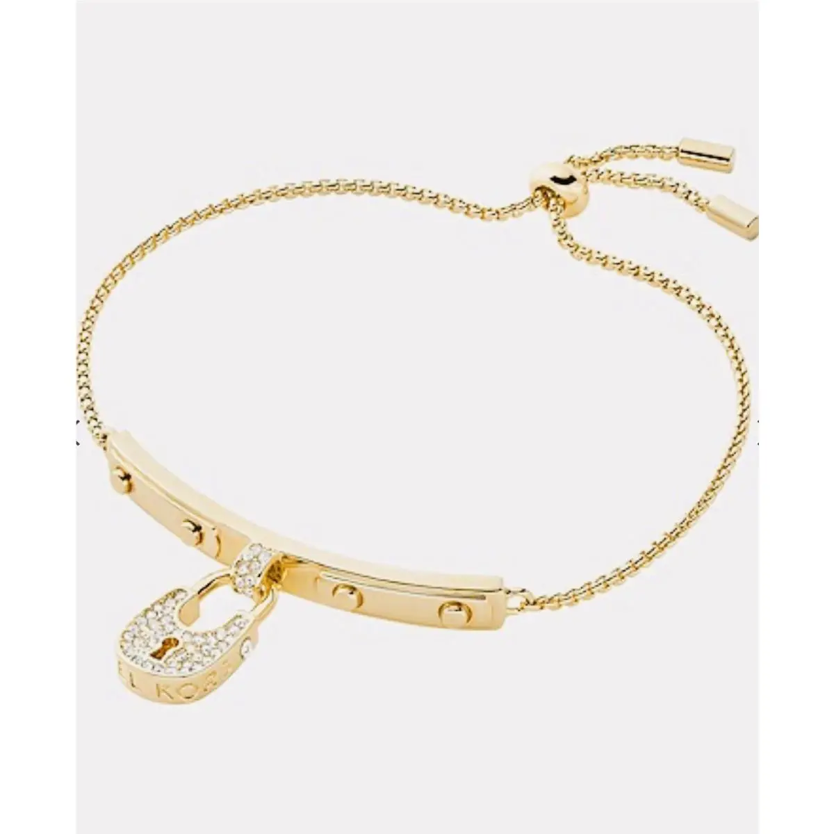 Michael Kors Gold Tone Crystals Plaque Pad Lock Slide Rolo Chain ID Bracelet