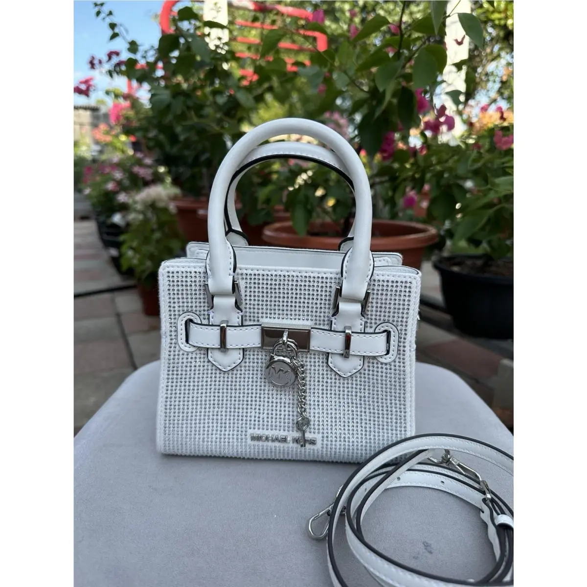 Michael Kors White Denim Leather Hamilton Satchel Purse w/ Bling