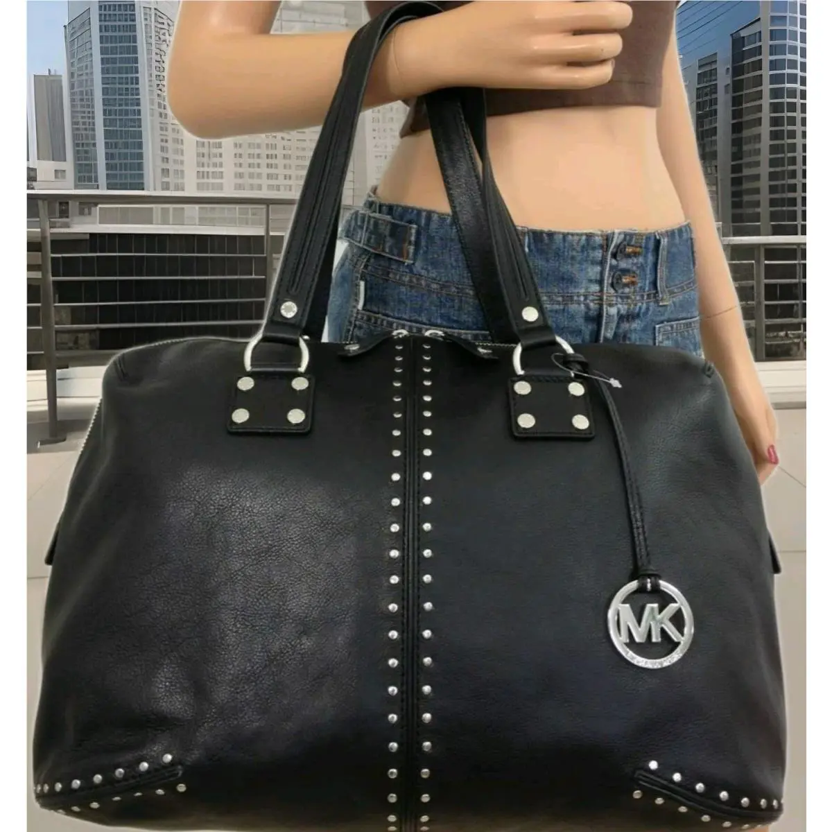 Michael Kors Astor Black Leather Silver Studs Large Satchel Shoulder Bag