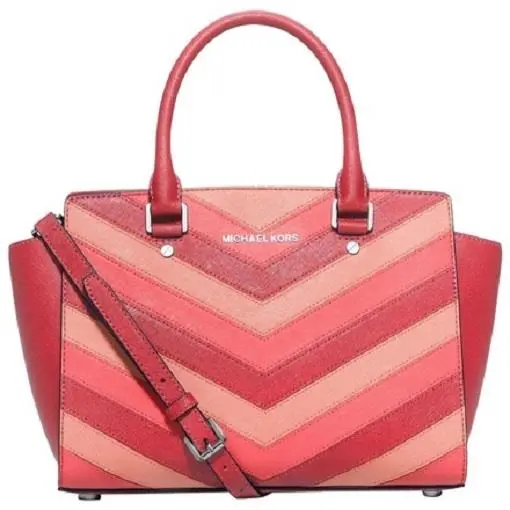 Michael Kors Selma Top Zip Coral Chevron Saffiano Leather Satchel Crossbody Bag - Exterior: Red Coral