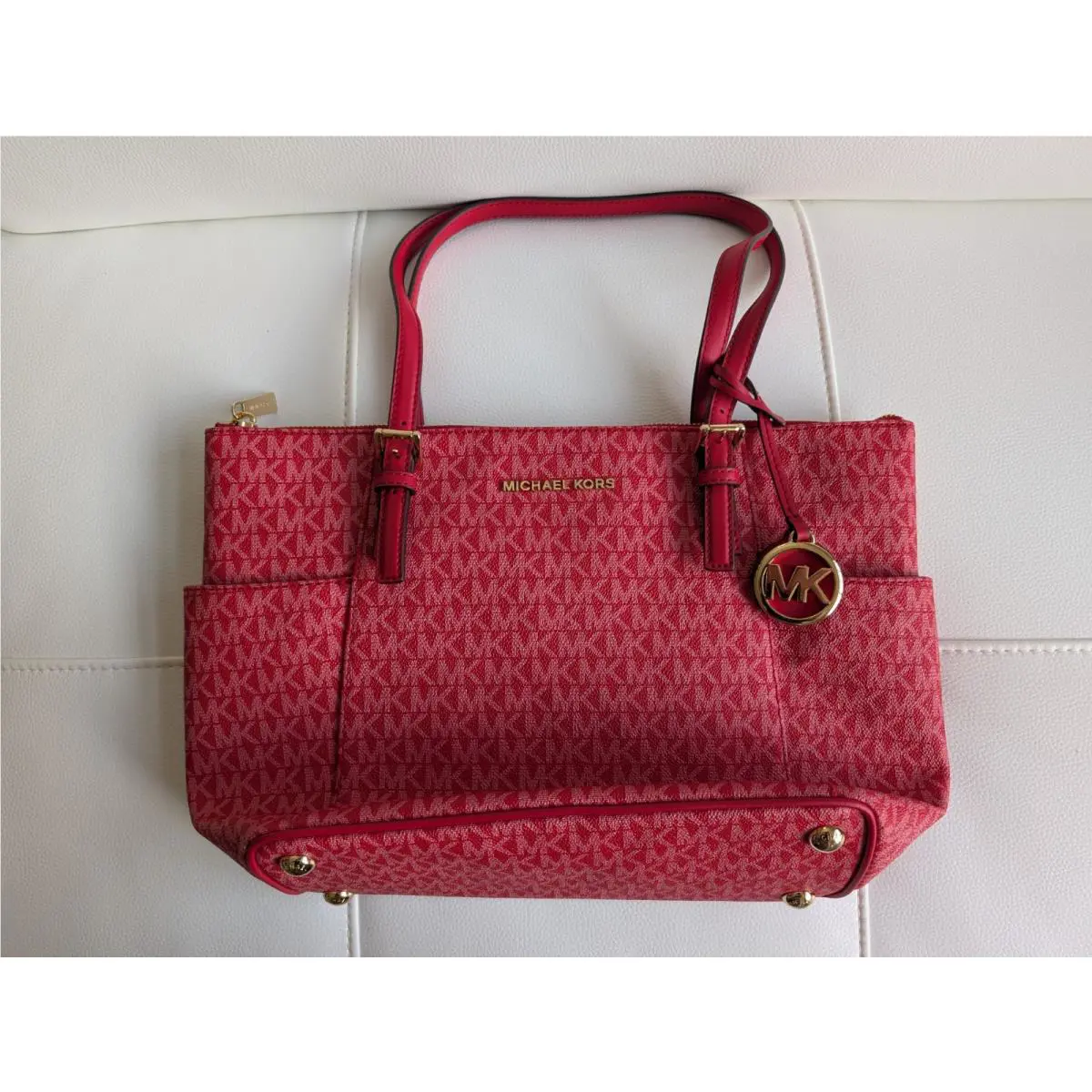 Michael Kors Jet Set Tote Signature Crimson Leather Trim Shoulder Strap Bag