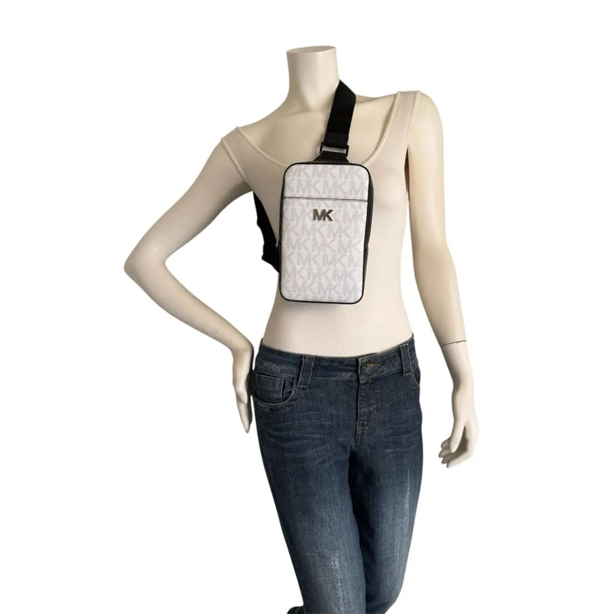 Michael Kors Everett White Canvas Leather Adjustable Strap Unisex Sling Bag