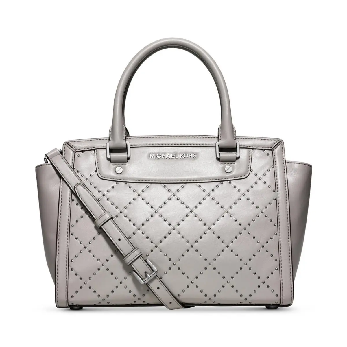 Michael Kors Pearl Grey Leather Selma Micro Stud Medium Satchel Crossbody Bag - Exterior: Gray