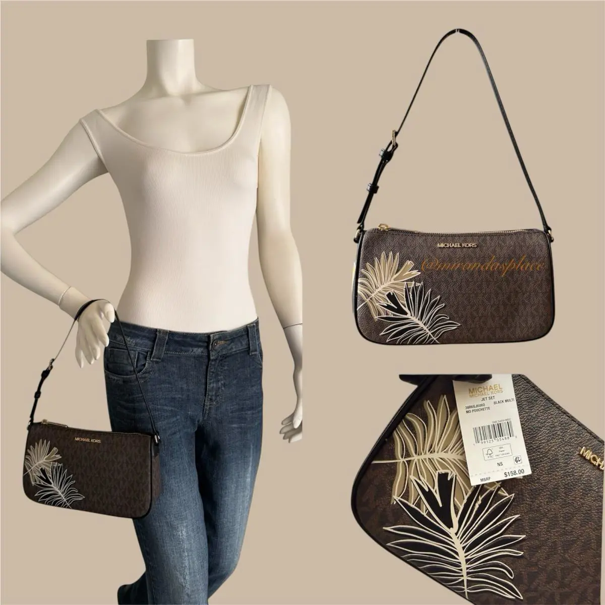 Michael Kors Jet Set Brown Black Leaves MD Pouchette Shoulder Bag