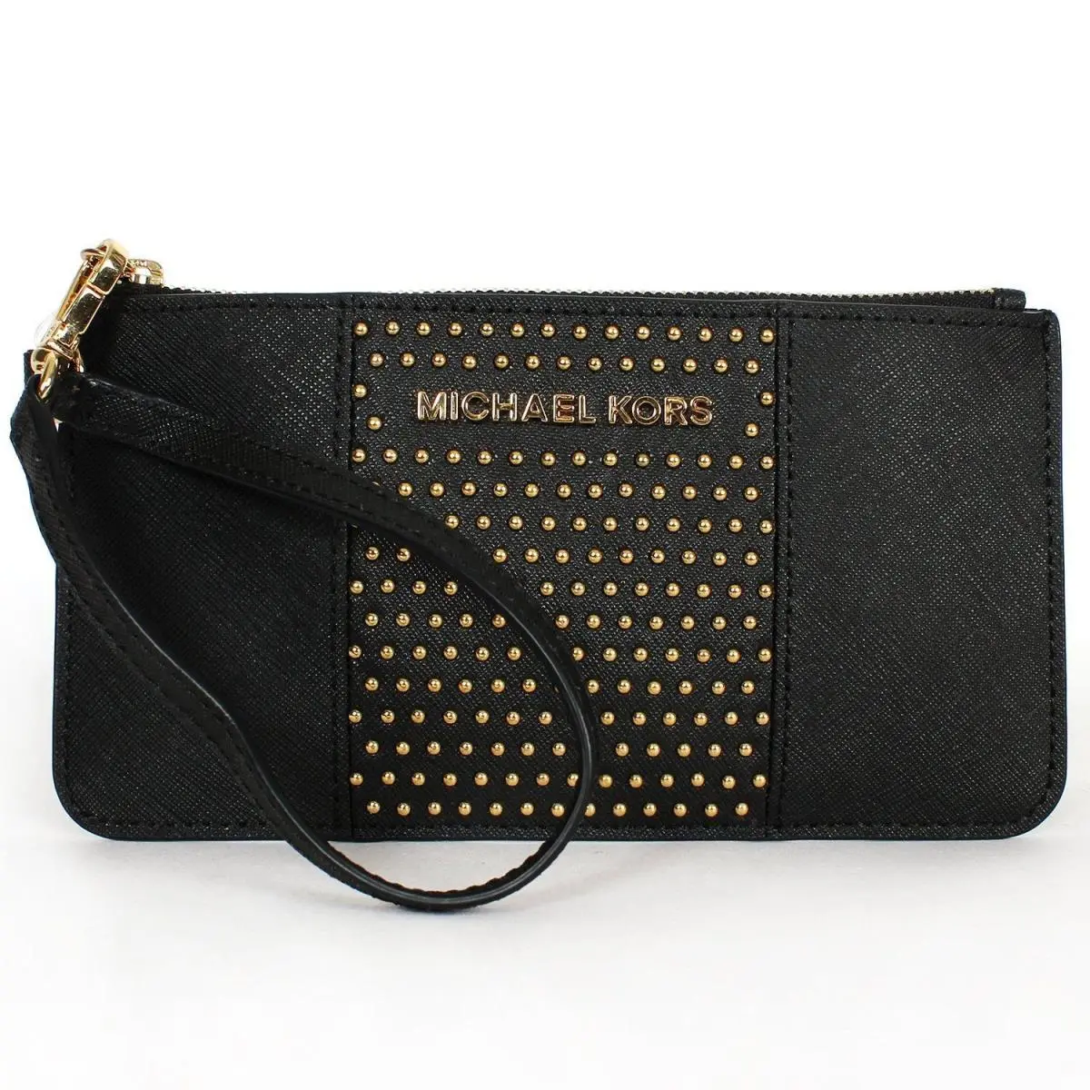 Michael Kors Micro Stud Jet Set Medium Black Leather Wristlet Wallet Clutch