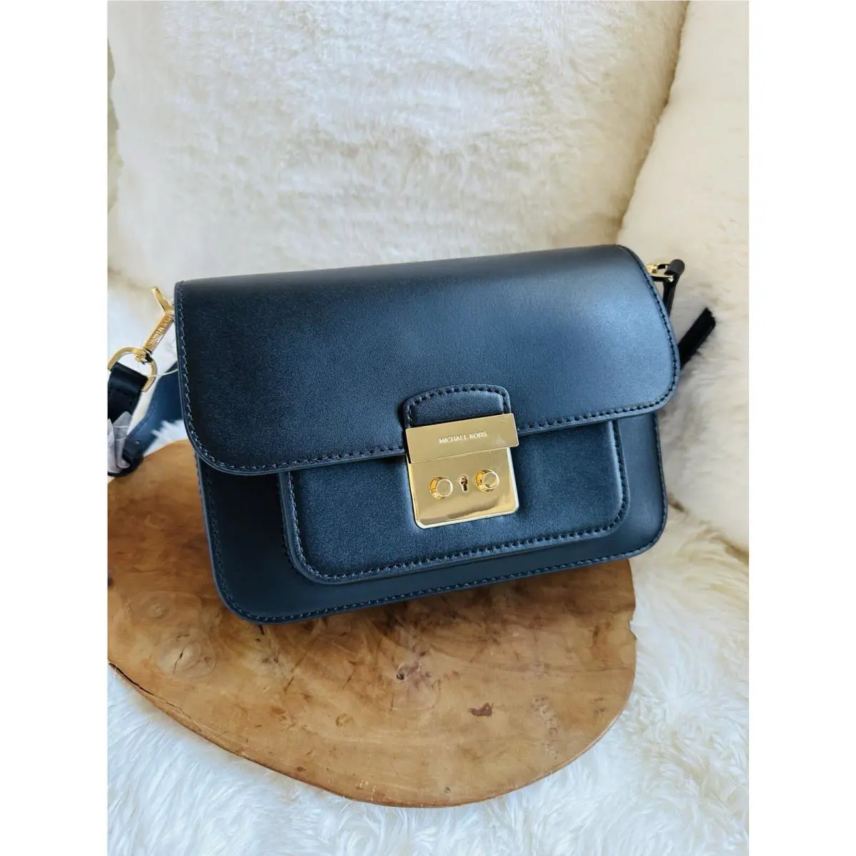 Michael Kors MK Sloan Editor Large Real Leather Shoulder Bag Black Gold