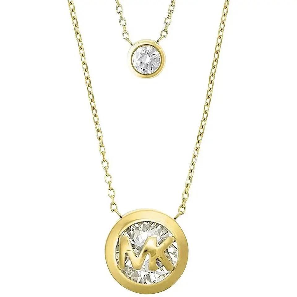Michael Kors Gold Tone Double Chain Crystal Logo Charm Layered Necklace