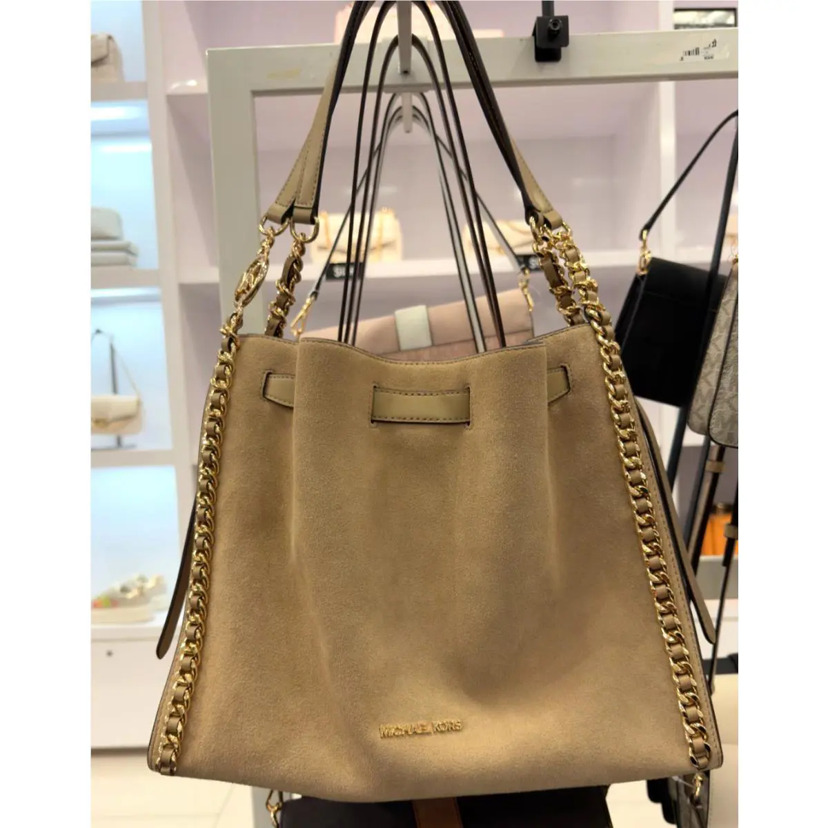 Michael Kors Mina LG Belted Chain Shoulder Bag Leather Suede Camel