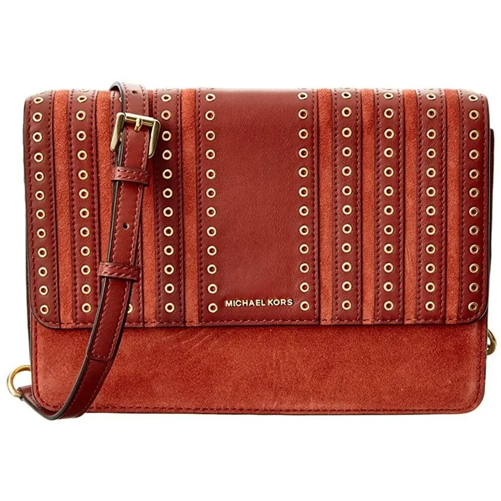 Michael Kors Brooklyn Grommet Brick Leather Suede Large Crossbody Bag Purse - Lining: Beige, Exterior: Brick