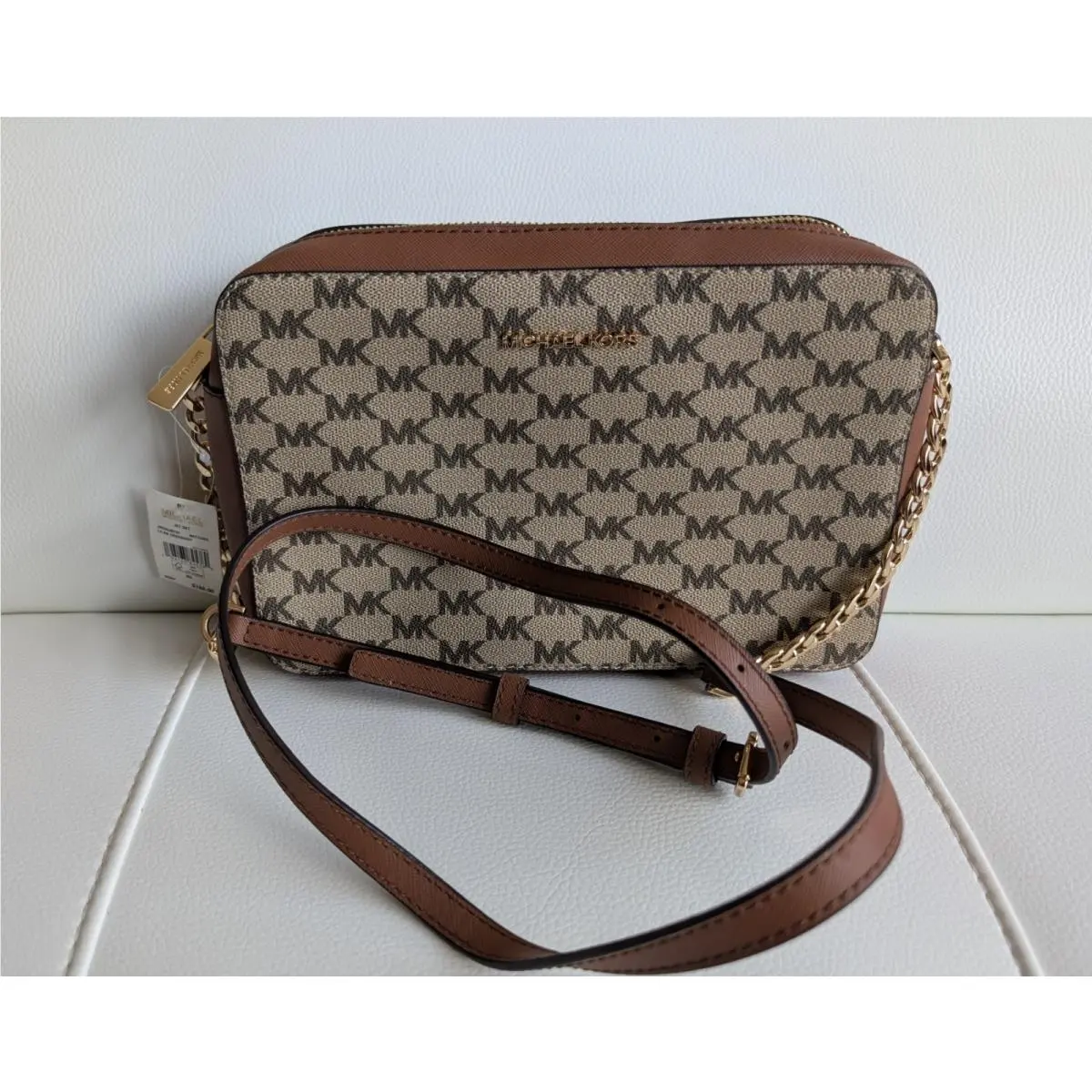 Michael Kors Jet Set Net Brown Tan Large Crossbody