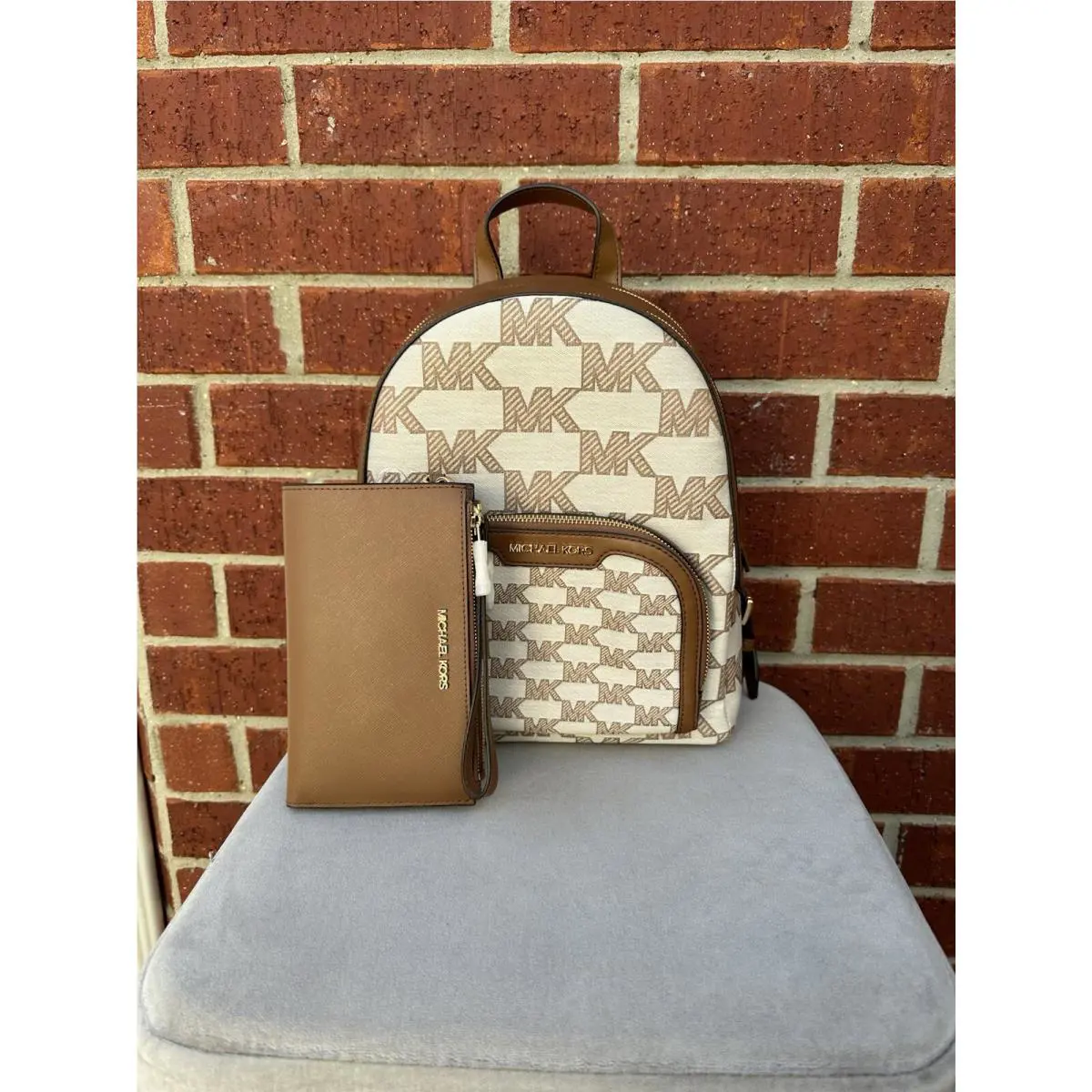Michael Kors Jaycee Medium Logo Zip Pocket Backpack Luggage Brown and Wallet