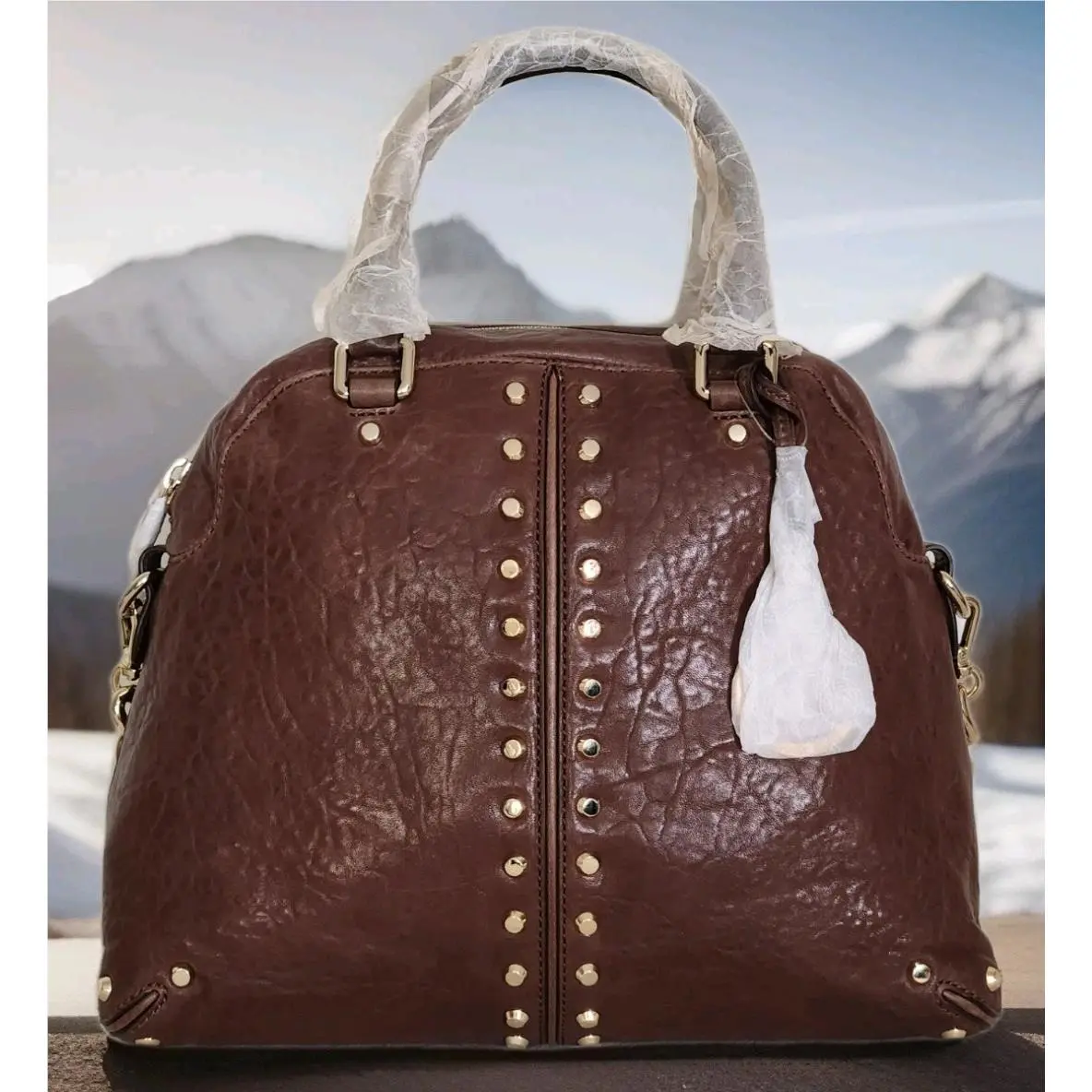 Michael Kors Uptown Astor Gold Stud Walnut Brown Leather LG Satchel Bag