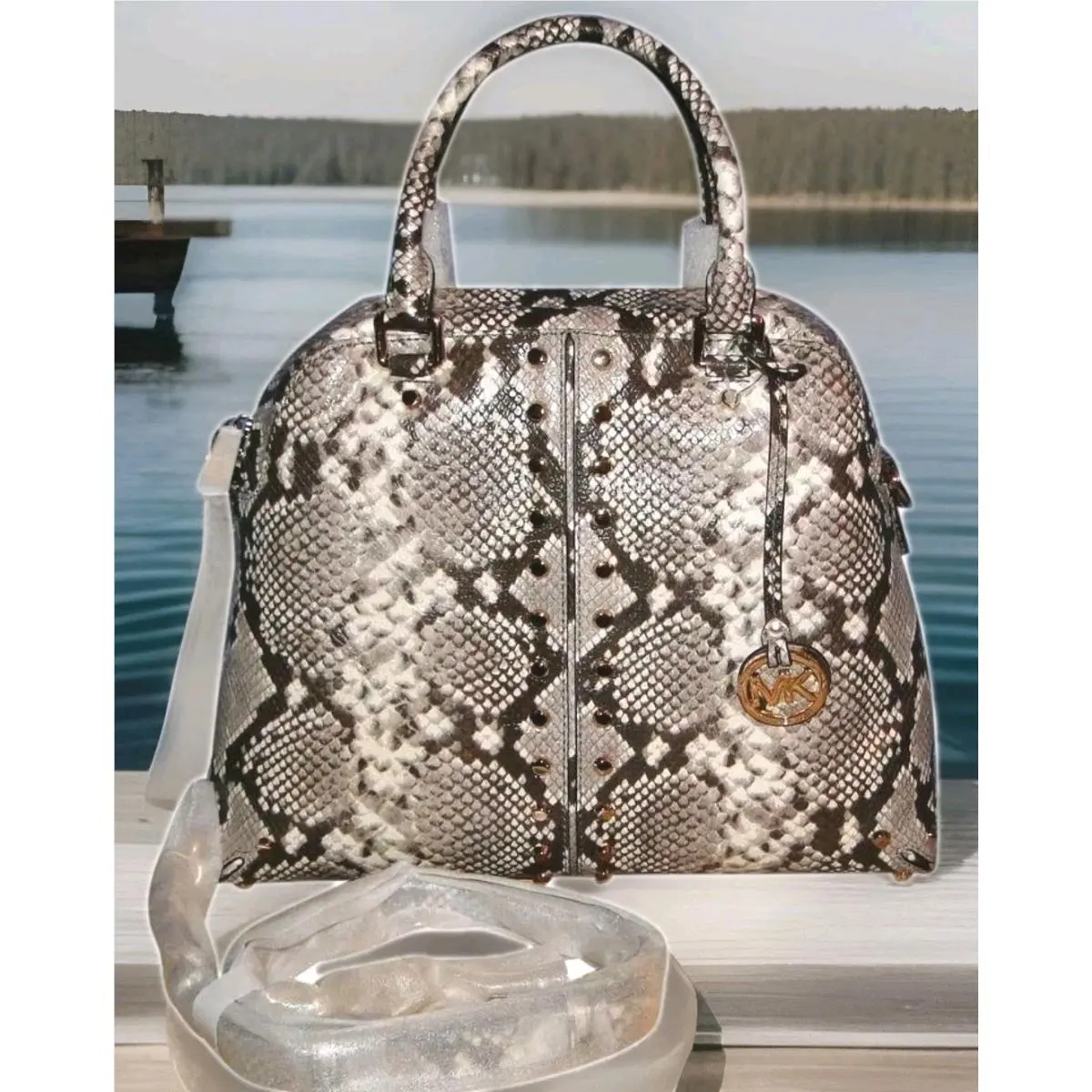 Michael Kors Uptown Astor Stud Large Satchel Bag Snake Embossed Leather
