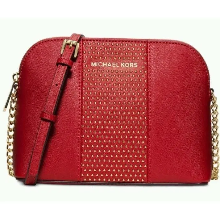 Michael Kors Microstud Cindy Red Leather Large Dome Crossbody Shoulder Bag Purse